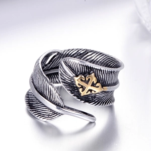 Vintage Titanium Steel Feather Ring For Men Women Two Tone Gold Silver Gothic Punk Biker Jewelry Polished Oxidized Finger Ring