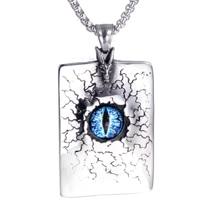 Collier pendentif œil de dragon rétro en acier inoxydable avec iris bleu et texture craquelée