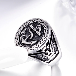 Vintage stainless steel anchor signet ring for men with eagle relief and silver finish