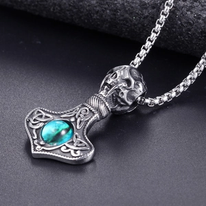 Stainless steel Mjolnir pendant necklace with skull carving and blue gemstone inlay