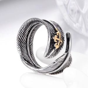 Vintage silver feather open ring with gold relief totem detail in stainless steel