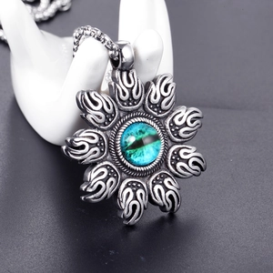 Vintage stainless steel sun pendant necklace with turquoise evil eye bead on bead chain