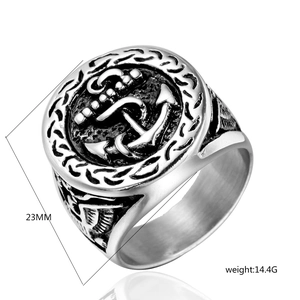 Detail view of anchor engraving on men's vintage stainless steel punk ring, 23mm diameter