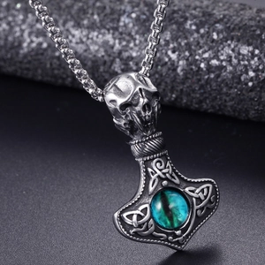 Gothic Thor's Hammer stainless steel pendant with skull, Celtic knot and cat eye stone