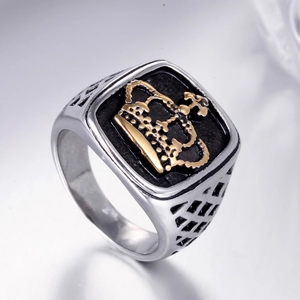 Bague chevalière vintage en acier inoxydable pour homme avec emblème couronne dorée