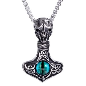 Vintage Stainless Steel Thor's Hammer Pendant Only Without Chain Gothic Skull Mjolnir Viking Inlaid Artificial Gemstone Men Jewelry
