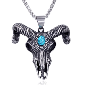 Retro stainless steel ram skull necklace with turquoise inlay on square bead chain