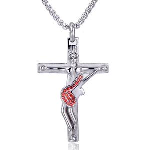 Stainless Steel Cross Guitar Pendant Necklace With Inlaid Rhinestone Character Figure Hip Hop Religious Jewelry For Women Men