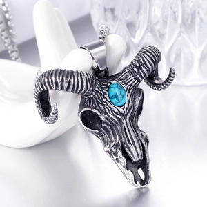 Vintage ram skull pendant necklace with blue turquoise and stainless steel chain