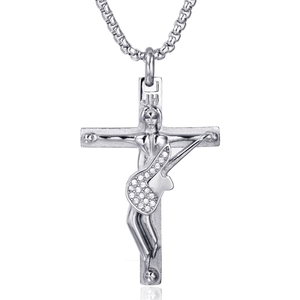 Silver stainless steel cross necklace with guitar figure and sparkling rhinestones
