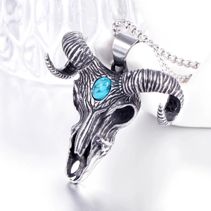 Punk style stainless steel ram skull necklace with turquoise stone and vintage finish