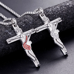 Guitar cross pendant necklace in stainless steel with red and white rhinestones