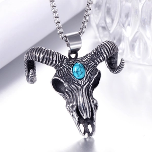 Retro punk ram skull necklace in stainless steel with a turquoise stone inlay on box chain