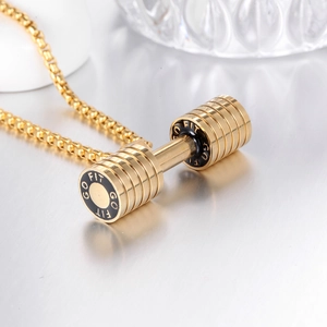 Collier haltère doré avec gravure GO FIT et chaîne maille vénitienne en acier inox