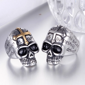 Gothic stainless steel skull rings with embossed crosses and engraved script detail
