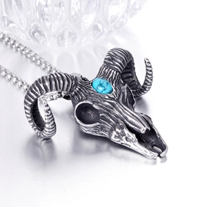 Gothic punk ram skull necklace in vintage titanium steel with a blue turquoise stone inlay