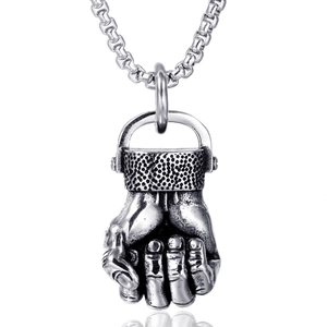 Vintage stainless steel fist pendant necklace with box chain for men on white background