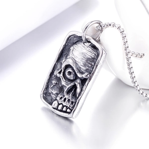 Vintage stainless steel mummy skull relief rectangular pendant with classic bead chain