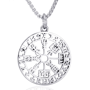 Pendentif Boussole en Acier Inoxydable pour Hommes Rétro Nordique Viking Vegvisir Rune Punk Creux Rond Bijoux