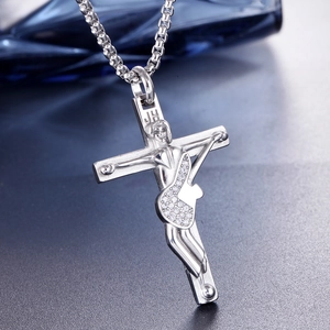 Polished silver cross pendant necklace with guitar details and sparkling rhinestones
