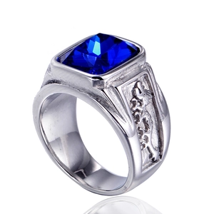 Punk style titanium steel men's signet ring with large blue gemstone and relief carving