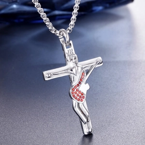 Silver stainless steel cross guitar pendant necklace with red zircon crystal inlay
