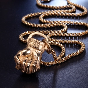 Creative gold fist pendant with thick box chain necklace in polished titanium steel