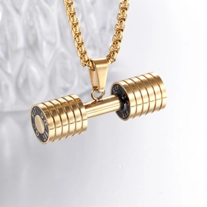 Collier avec pendentif haltère doré poli et gravure GO FIT pour homme fitness
