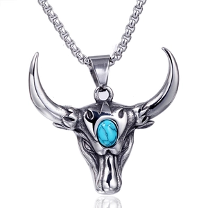 Collier Pendentif Tête de Taureau en Acier Inoxydable 316 Vintage Western Avec Turquoise Artificielle Bijoux Punk Rock Homme