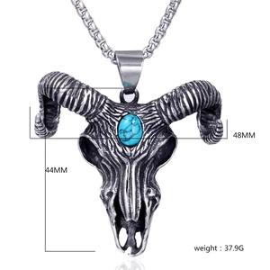 Detailed view of punk ram skull pendant with turquoise inlay and silver oxidized finish