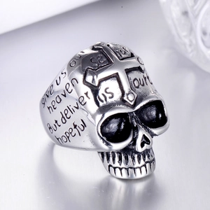 Vintage gothic skull ring in stainless steel with cross relief and engraved lettering