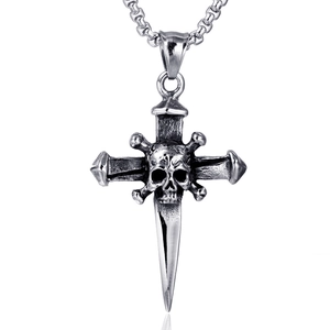 316 Stainless Steel Gothic Skull Cross Dagger Pendant Necklace Retro Punk Sword Skull Head Jewelry For Men Women Silver Tone