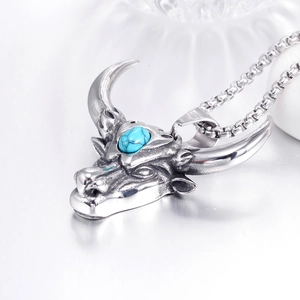 Collier tête de taureau vintage en acier inoxydable avec pierre turquoise et chaîne