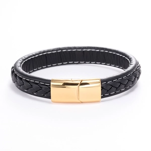 Men's braided black leather bracelet with a polished gold magnetic metal clasp