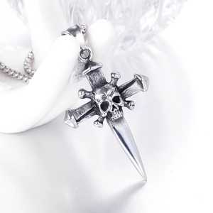 Gothic skull cross pendant necklace in vintage silver steel with chunky link chain