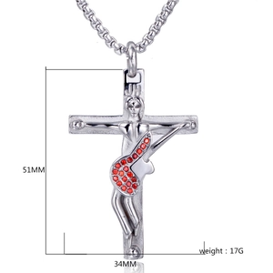 Detail view of steel cross pendant with guitar relief and red stones, 51mm height