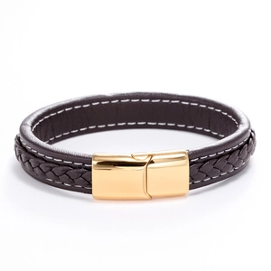 Fashion braided leather bracelet in dark brown with gold buckle and white stitching