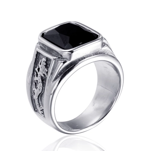 Men's silver steel ring featuring a black square gemstone and side dragon carvings