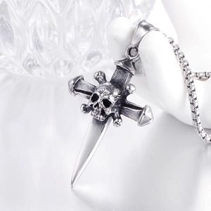 Gothic skull cross dagger pendant necklace in vintage titanium steel with box chain link