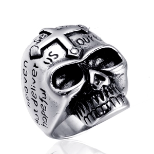 Vintage stainless steel skull ring for men featuring cross relief and engraved lettering