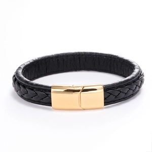 Fashionable braided black leather bracelet with a polished gold metal clasp for men