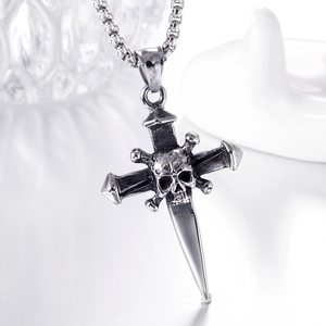 Gothic skull cross dagger pendant in silver stainless steel with heavy pearl chain