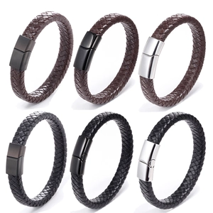 Fashion Men Woven Leather Bracelet With Stainless Steel Magnetic Clasp Minimalist Geometric Wristband Punk Jewelry Gift