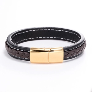 Double-layer woven leather bracelet with black smooth strap and gold metal buckle