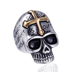 Retro Skull Cross Titanium Steel Ring For Men Gothic Punk Biker Jewelry Bully Vintage Religious Inscribed Band Ring