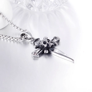 Gothic skull and cross dagger pendant necklace in antique silver titanium steel finish