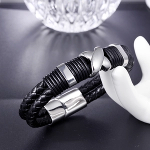 Minimalist double-layer braided black leather bracelet with silver stainless steel cross detail