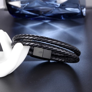 Bracelet double tour en cuir tressé noir pour homme avec fermoir magnétique en métal