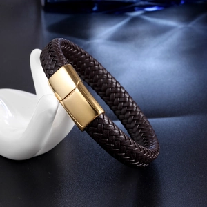Fashion braided dark brown leather bracelet with polished gold magnetic clasp for men