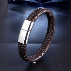 Deep brown braided leather bracelet for men featuring a polished magnetic steel clasp